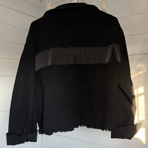 Black Denim Jacket with Fringe. Size XL. - Picture 2 of 4